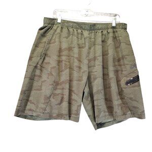 Asics Shorts Mens XL Green Camouflage Elastic Waist Zip Pocket Lightweight Activ